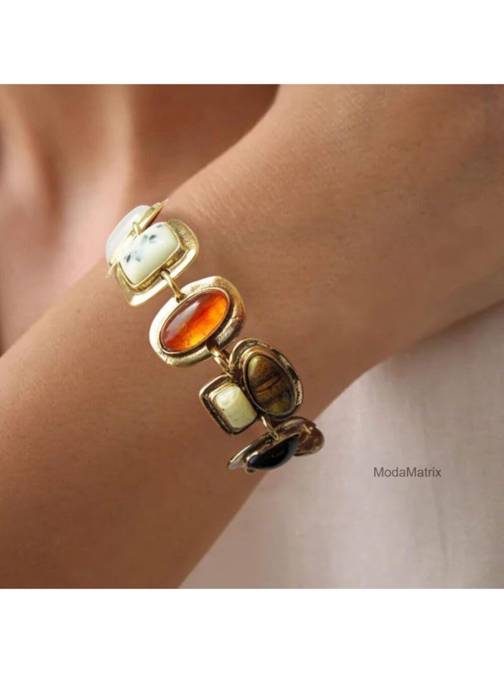 Vintage Ethnic Chunky Stone Bracelet Geometric Metal Charm Beaded Bracelet